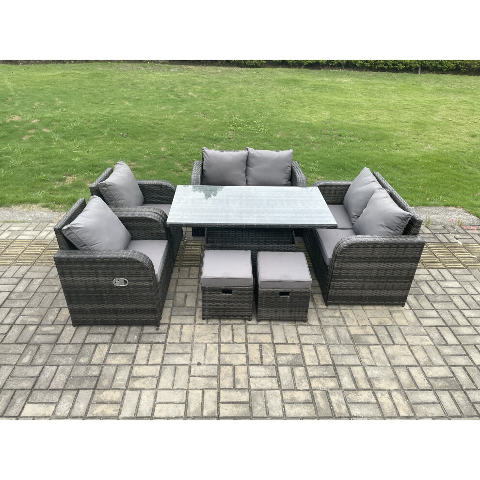 Fimous Wicker PE Rattan Furniture Garden Dining Set Outdoor Height Adjustable Rising lifting Table Love Sofa Chairs
