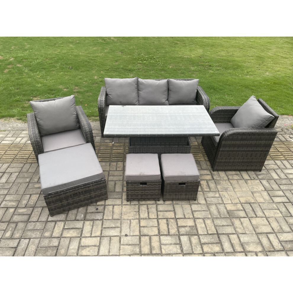 Fimous Outdoor Rattan Furniture Garden Dining Set Rising Lifting Table And Chair Set With Lounge Sofa 3 Footstools