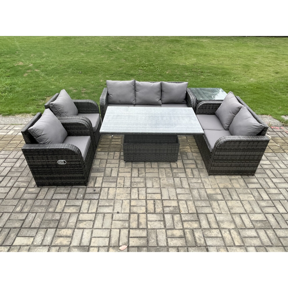 Fimous Wicker Pe Rattan Outdoor Garden Furniture Sets Adjustable Rising Lifting Dining Table Reclining Chair Sofa Set Grey