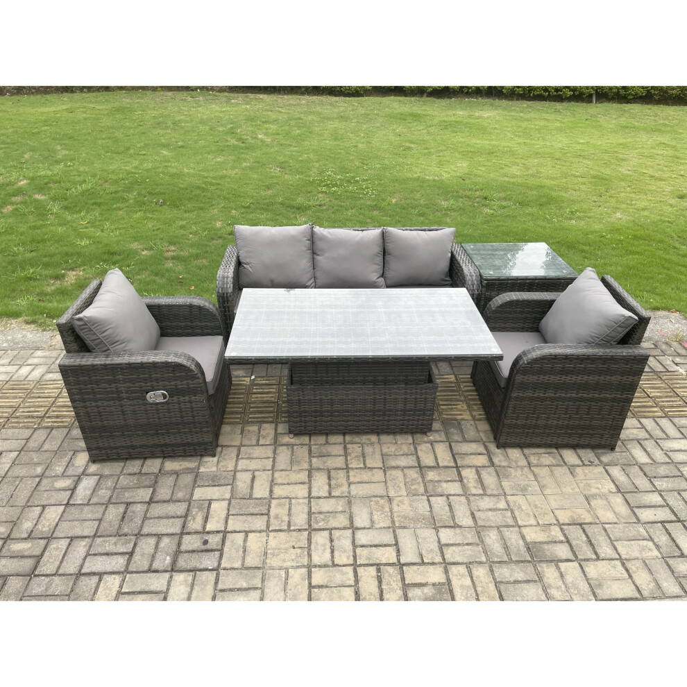 Fimous Wicker Pe Rattan Outdoor Garden Furniture Set Adjustable Rising Lifting Dining Table With Armchair Side Table