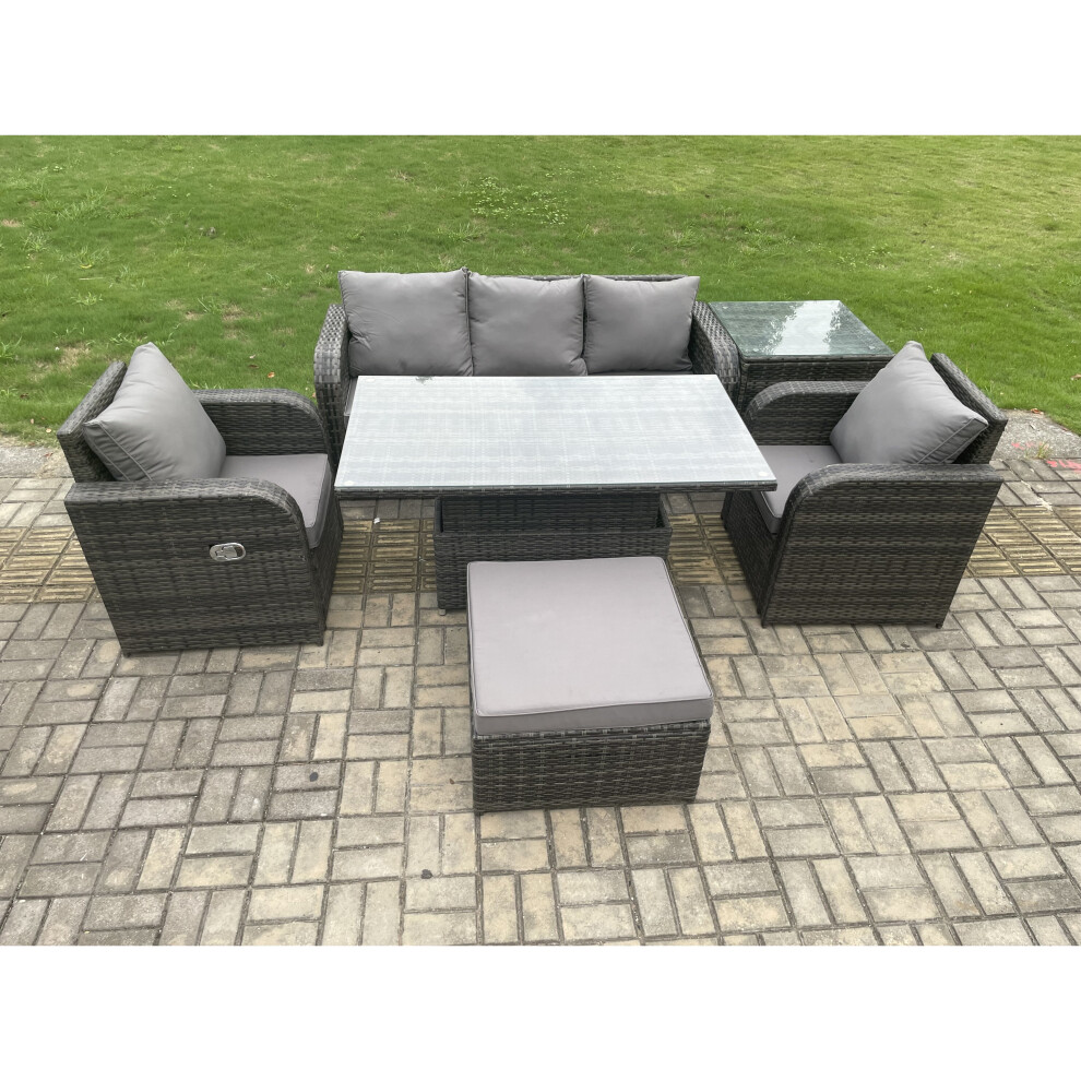 Fimous Wicker Pe Rattan Outdoor Garden Furniture Set Adjustable Rising Lifting Dining Table With Armchair Footstool Grey
