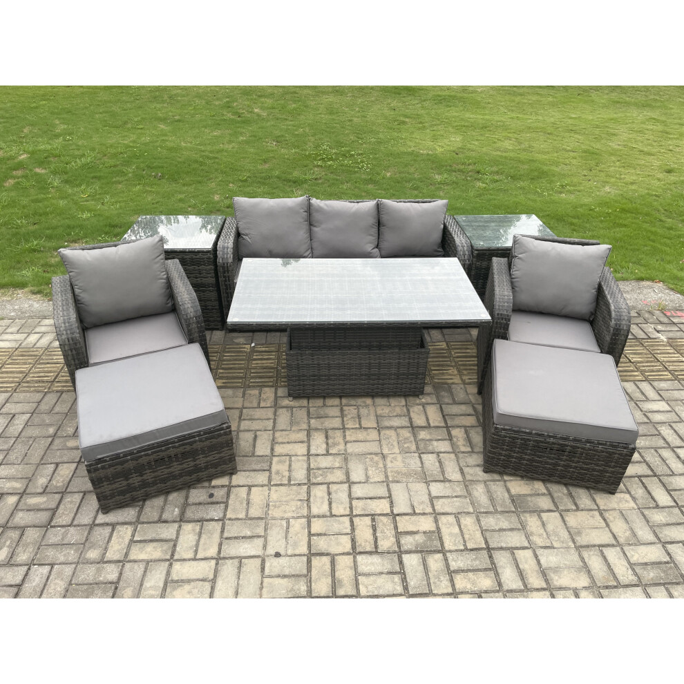 Fimous Outdoor Rattan Furniture Sofa Garden Dining Sets Adjustable Rising lifting Table and Chair Set With 2 Side Tables
