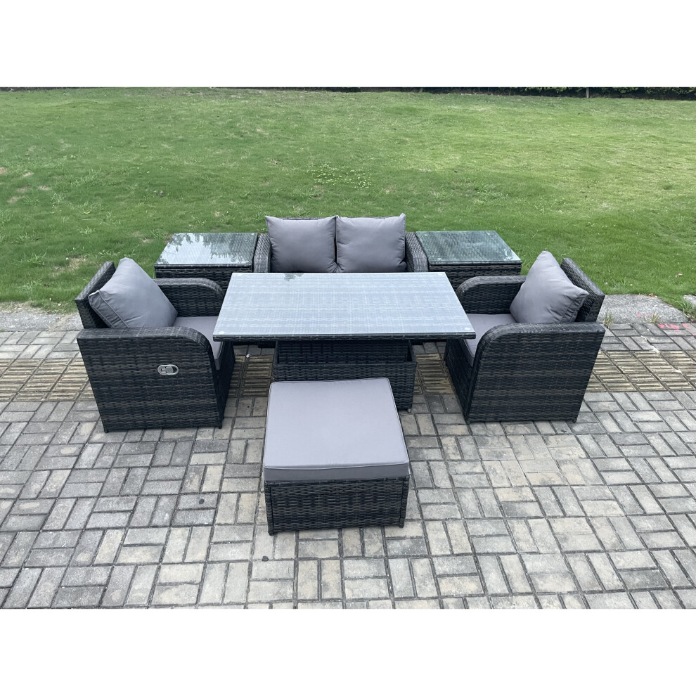 Fimous Outdoor Rattan Furniture Garden Dining Set Height Adjustable Rising lifting Table Love Sofa With 2 Side Tables