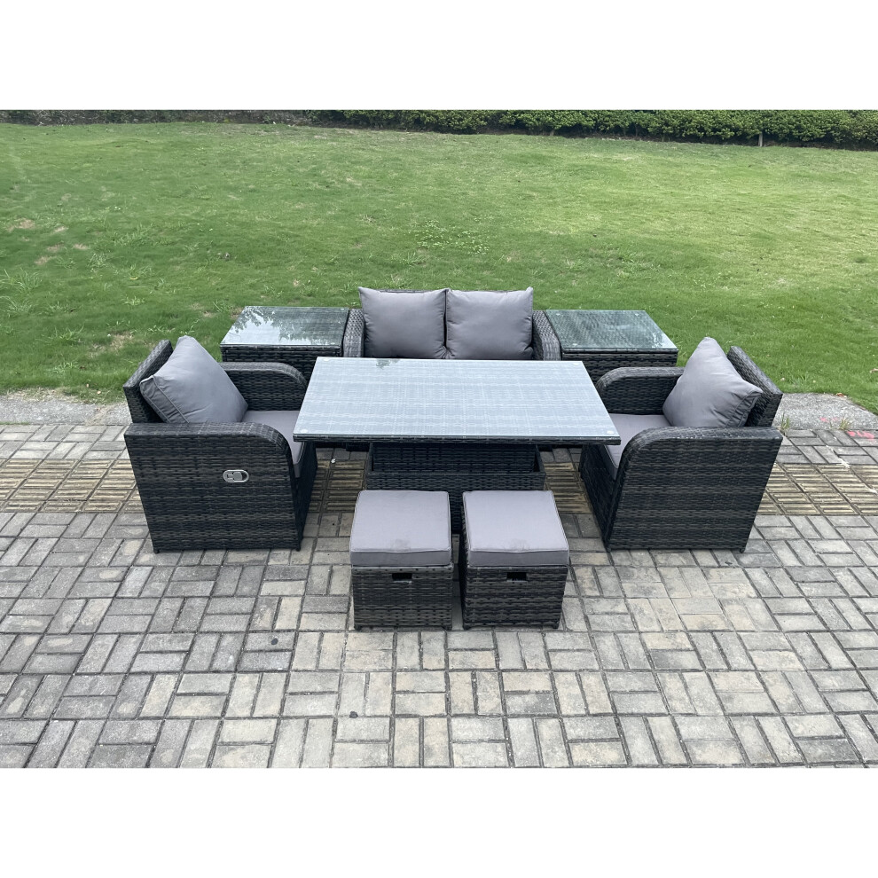 Fimous 6 Seater Rattan Outdoor Furniture Garden Dining Set Patio Height Adjustable Rising lifting Table Love Sofa Chair