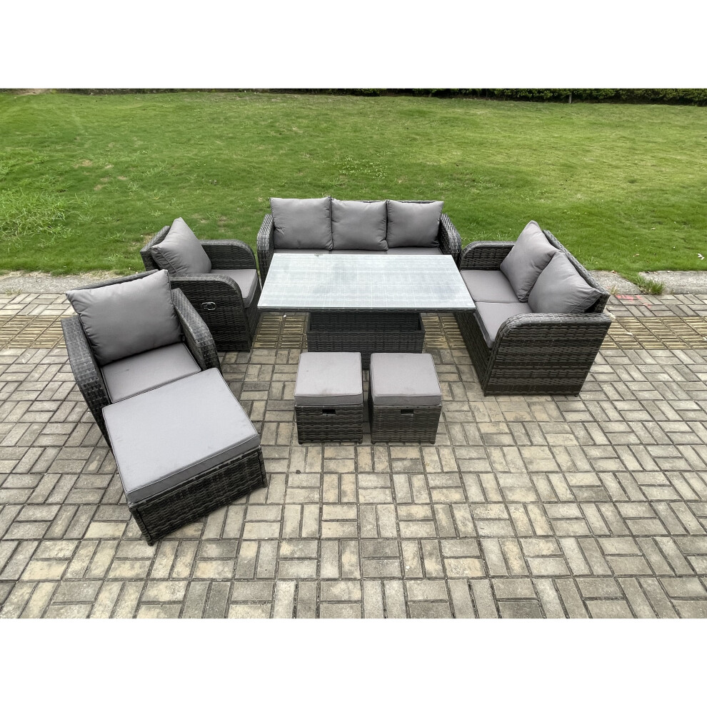 Fimous Rattan Outdoor Garden Furniture Sets Height Adjustable Rising Lifting Dining Table Sofa Set With Footstools Grey