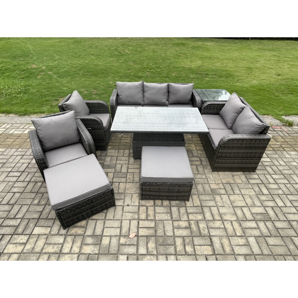 Fimous Outdoor Rattan Furniture Garden Dining Set Adjustable Rising Lifting Table Reclining Chair Sofa With Side Table