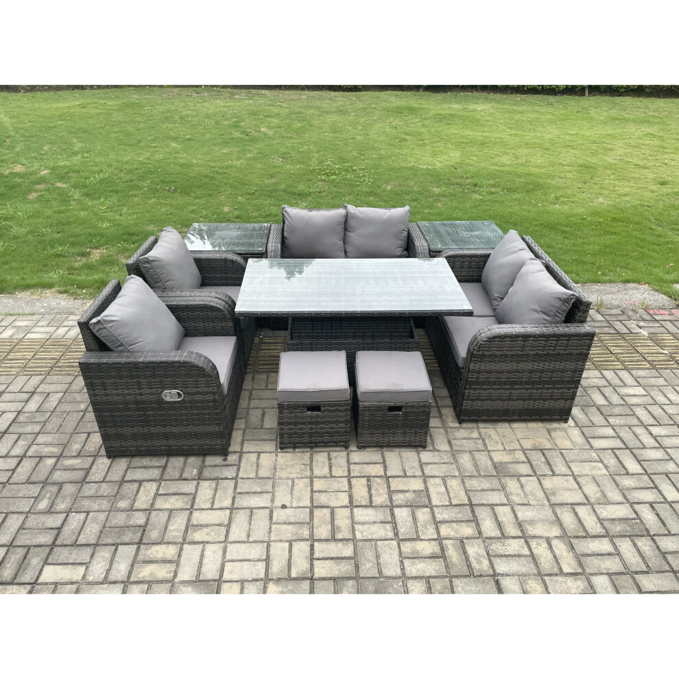 Fimous Wicker PE Rattan Furniture Garden Dining Set Outdoor Height Adjustable Rising lifting Table Love Sofa Chair