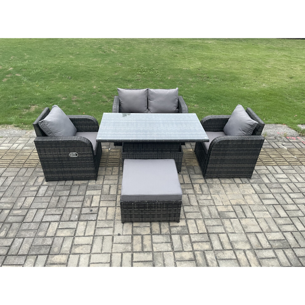 Fimous PE Rattan Outdoor Garden Furniture Set Height Adjustable Rising lifting Dining Table With Love Sofa Chair