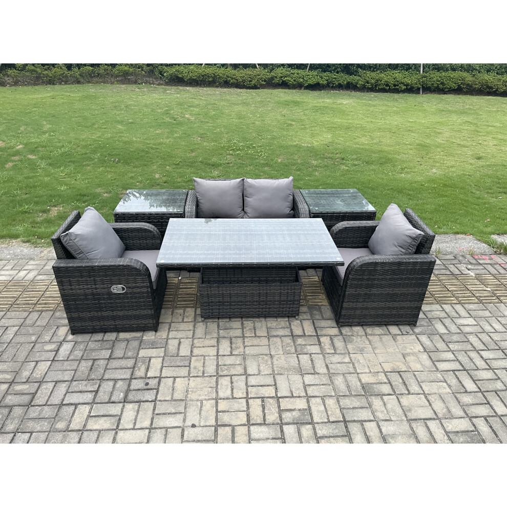 Fimous Outdoor Rattan Garden Furniture Set Height Adjustable Rising lifting Dining Table Love Sofa With 2 Side Tables
