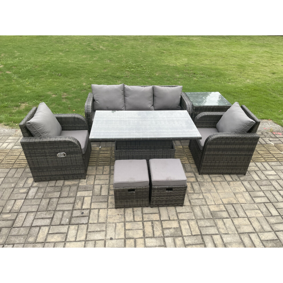 Fimous Wicker Pe Rattan Outdoor Garden Furniture Set Adjustable Rising Lifting Dining Table With Chair Side Table