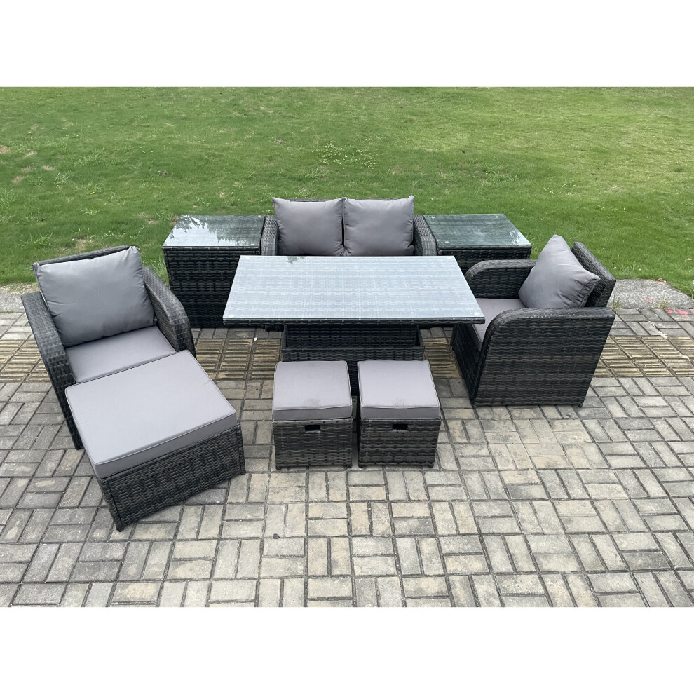 Fimous Rattan Furniture Outdoor Garden Dining Set Patio Height Adjustable Rising lifting Table Love Sofa With Side Tables