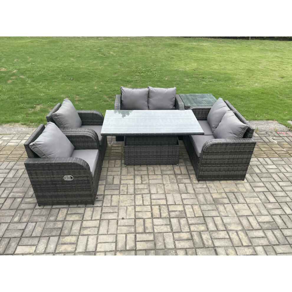 Fimous Rattan Furniture Outdoor Garden Dining Set Height Adjustable Rising lifting Table Love Sofa Chair With Side Table
