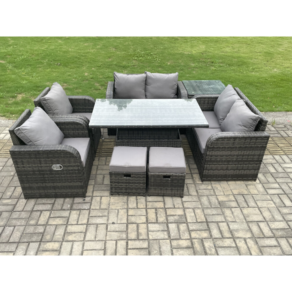 Fimous Outdoor Rattan Garden Furniture Set Patio Height Adjustable Rising lifting Dining Table Love Sofa With Side Table