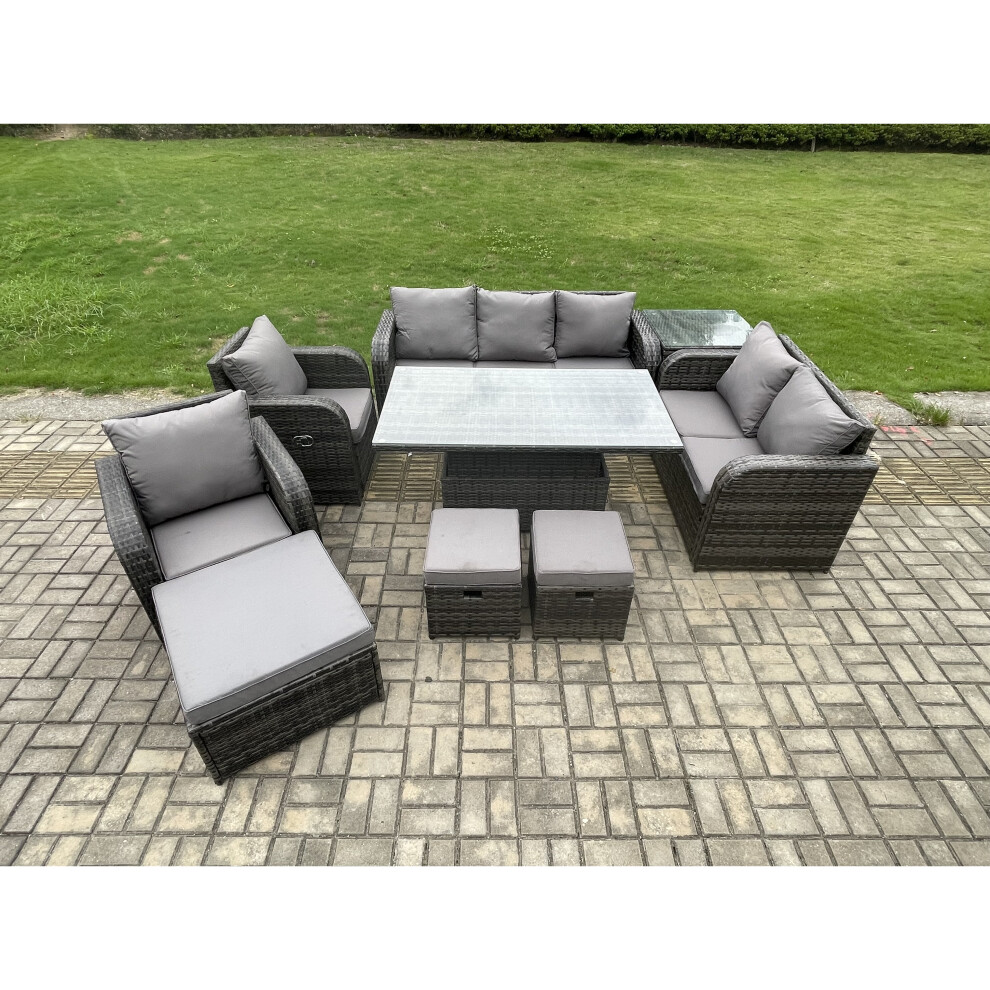 Fimous Wicker Rattan Outdoor Garden Furniture Sets Adjustable Rising lifting Dining Table Reclining Chair Sofa Set