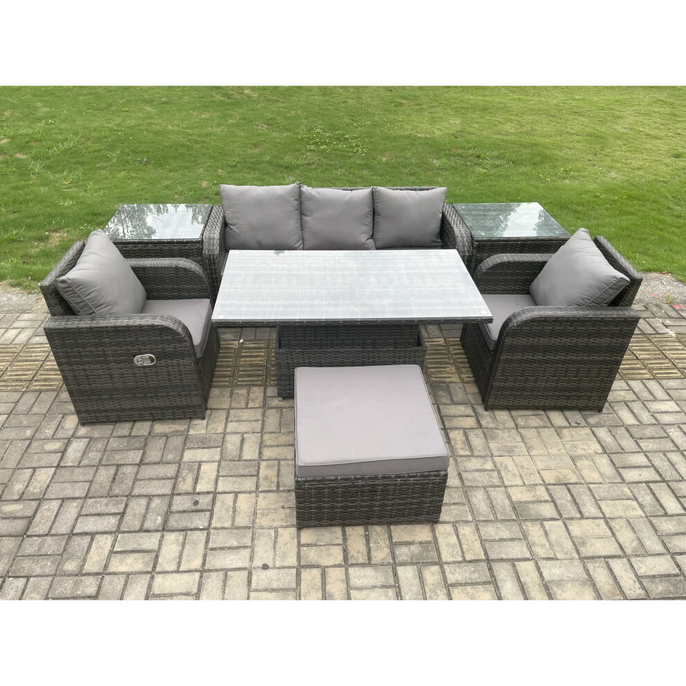Fimous Wicker Pe Rattan Outdoor Garden Furniture Set Height Adjustable Rising Lifting Dining Table With Armchair Grey