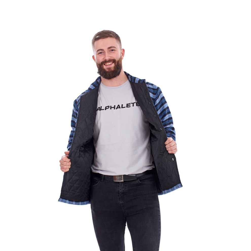 (Blue Black Check, 5XL) Malay Mens Padded Work Shirt Quilted Yarn Dyed cotton Buttons Thick Lumberjack Jacket
