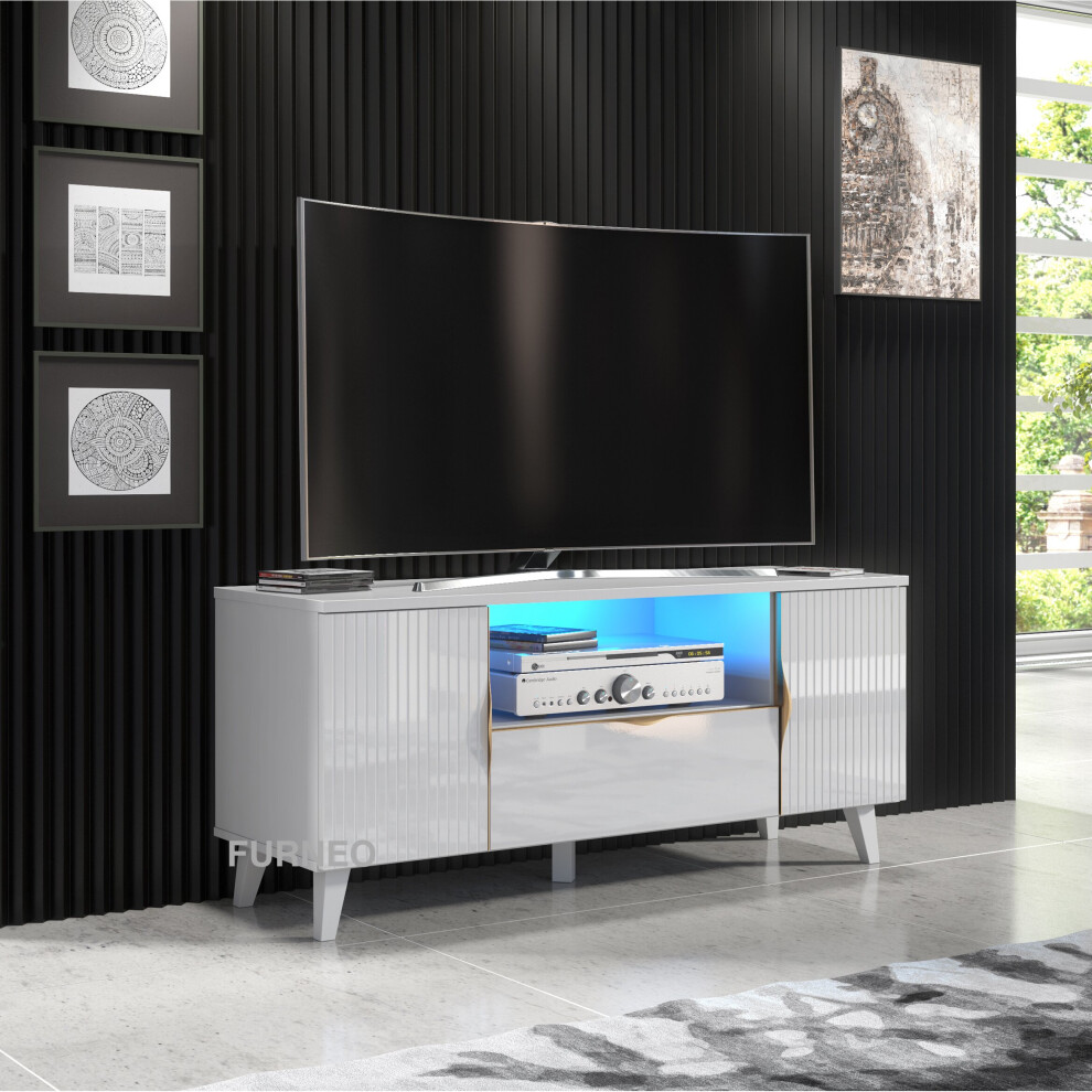 White TV Stand 120cm Unit Cabinet Matt & High Gloss Azzurro08 Brushed Gold Handles LED Light