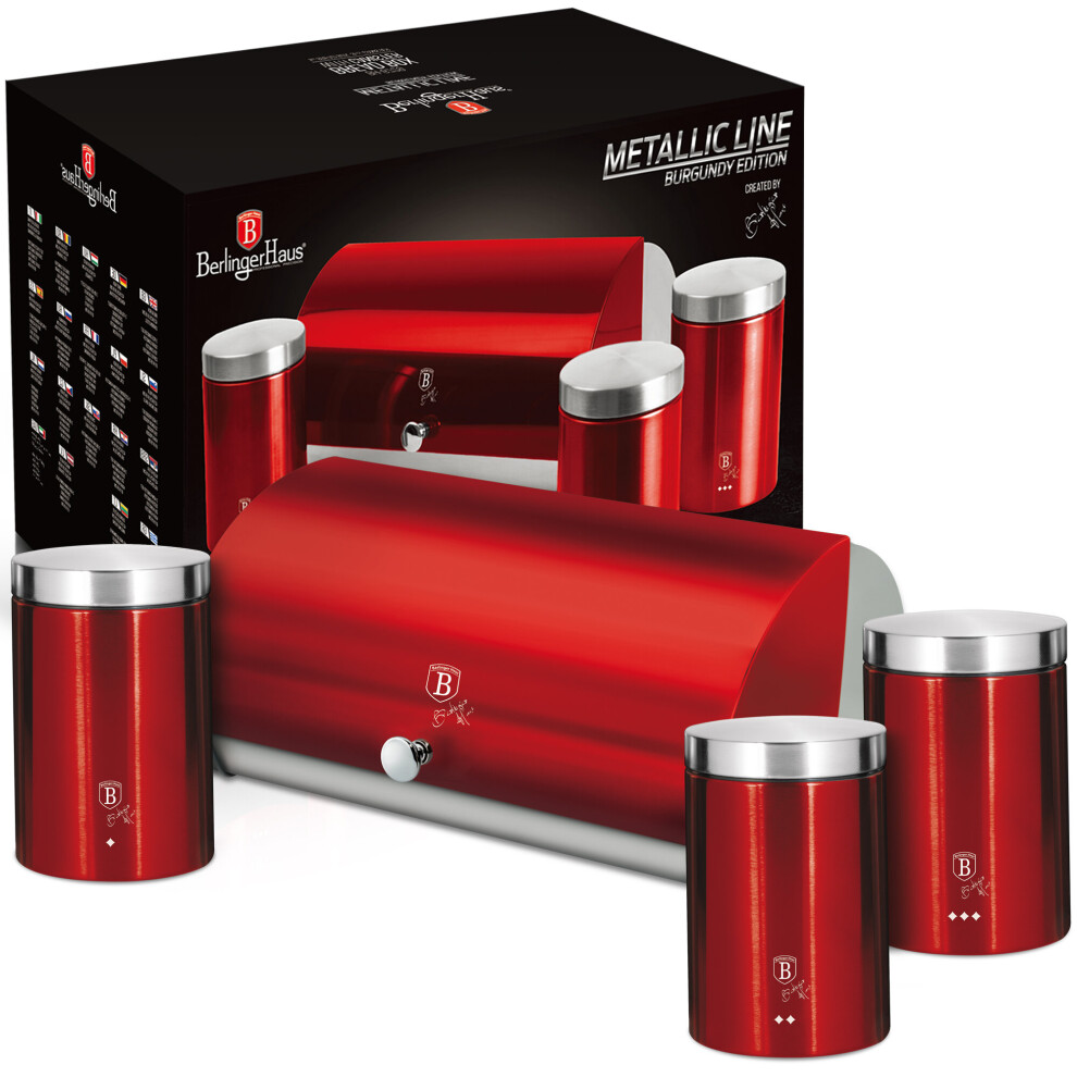 Berlinger Haus Red Metal Stainless Steel Loaf Bread Bin Box 3 Tins Set