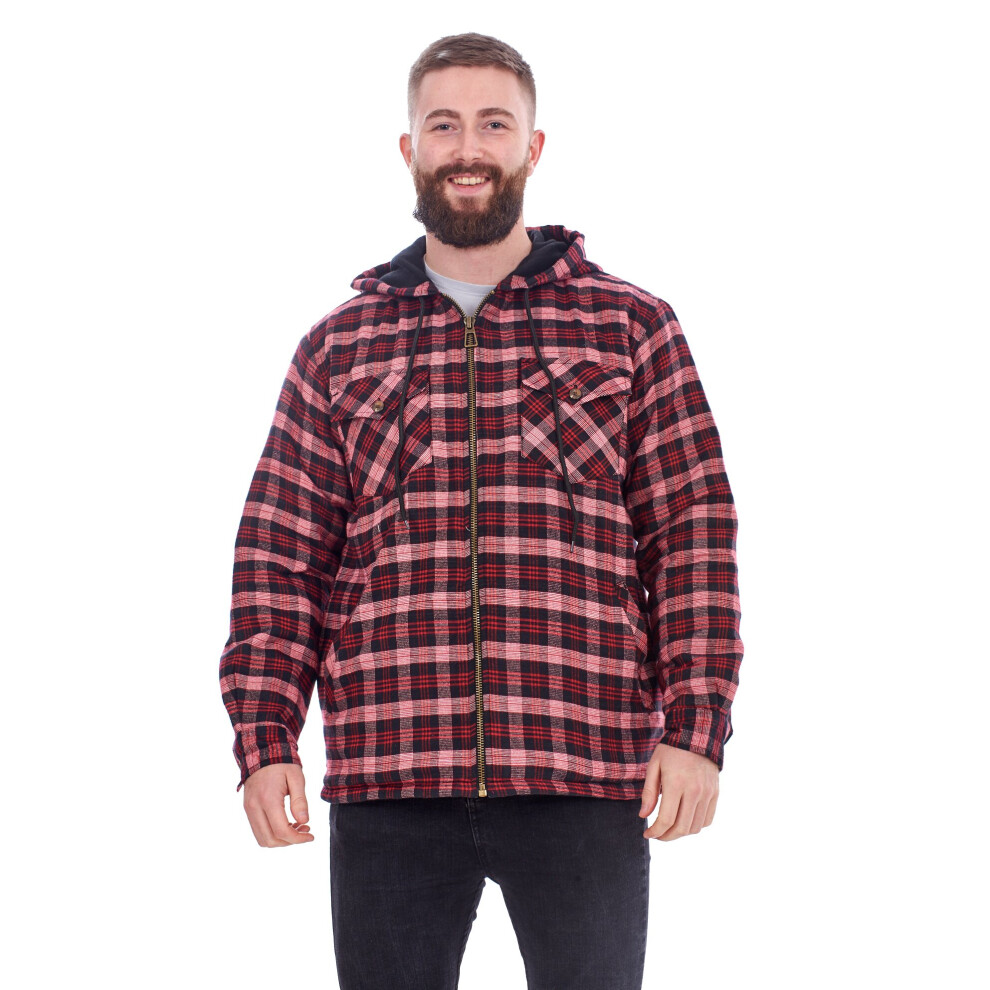 (Red Black check, XL) Malay Mens Flannel Padded Work Shirt Hooded Quilted Yarn Dyed cotton Lumberjack Jacket