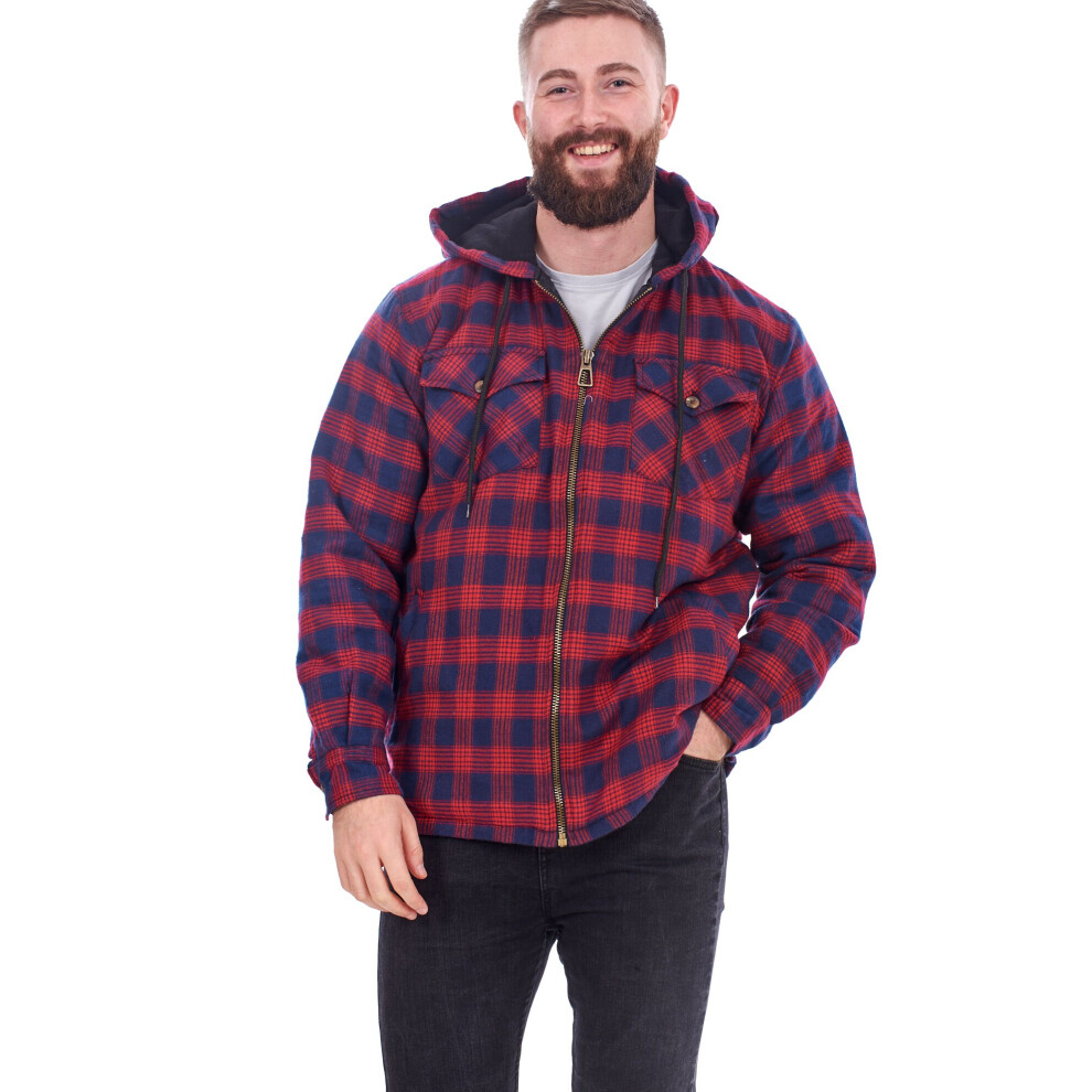 (Red Navy Check, L) Malay Mens Flannel Padded Work Shirt Hooded Quilted Yarn Dyed cotton Lumberjack Jacket