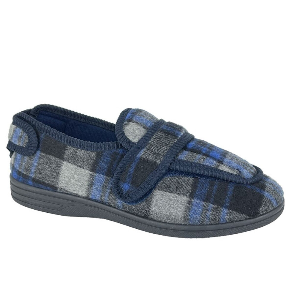 (UK 7) Zedzzz Mens Peter Fully Opening Touch Fasten Wide Fit Slippers Navy Check (EE Width)