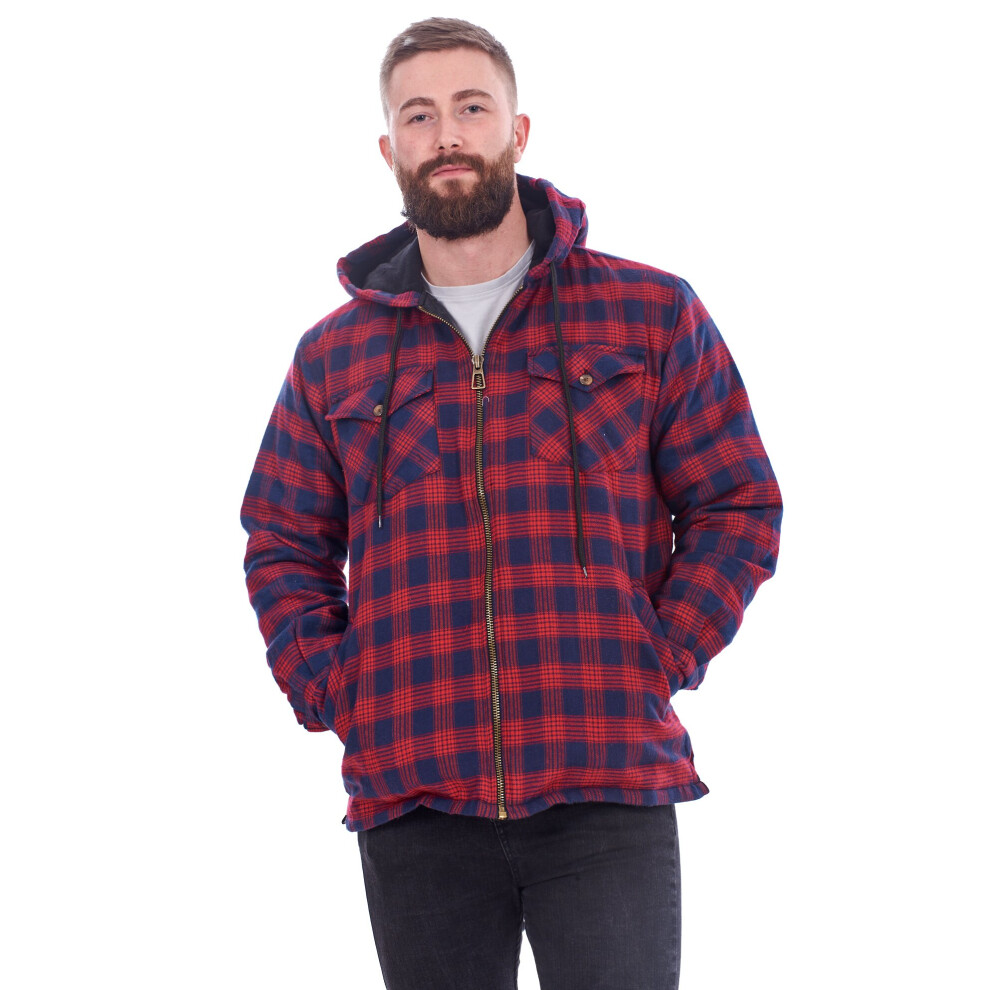 (Red Navy Check, XL) Malay Mens Flannel Padded Work Shirt Hooded Quilted Yarn Dyed cotton Lumberjack Jacket