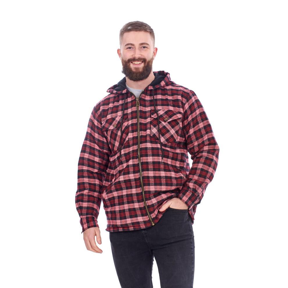 (Red Black check, XXL) Malay Mens Flannel Padded Work Shirt Hooded Quilted Yarn Dyed cotton Lumberjack Jacket