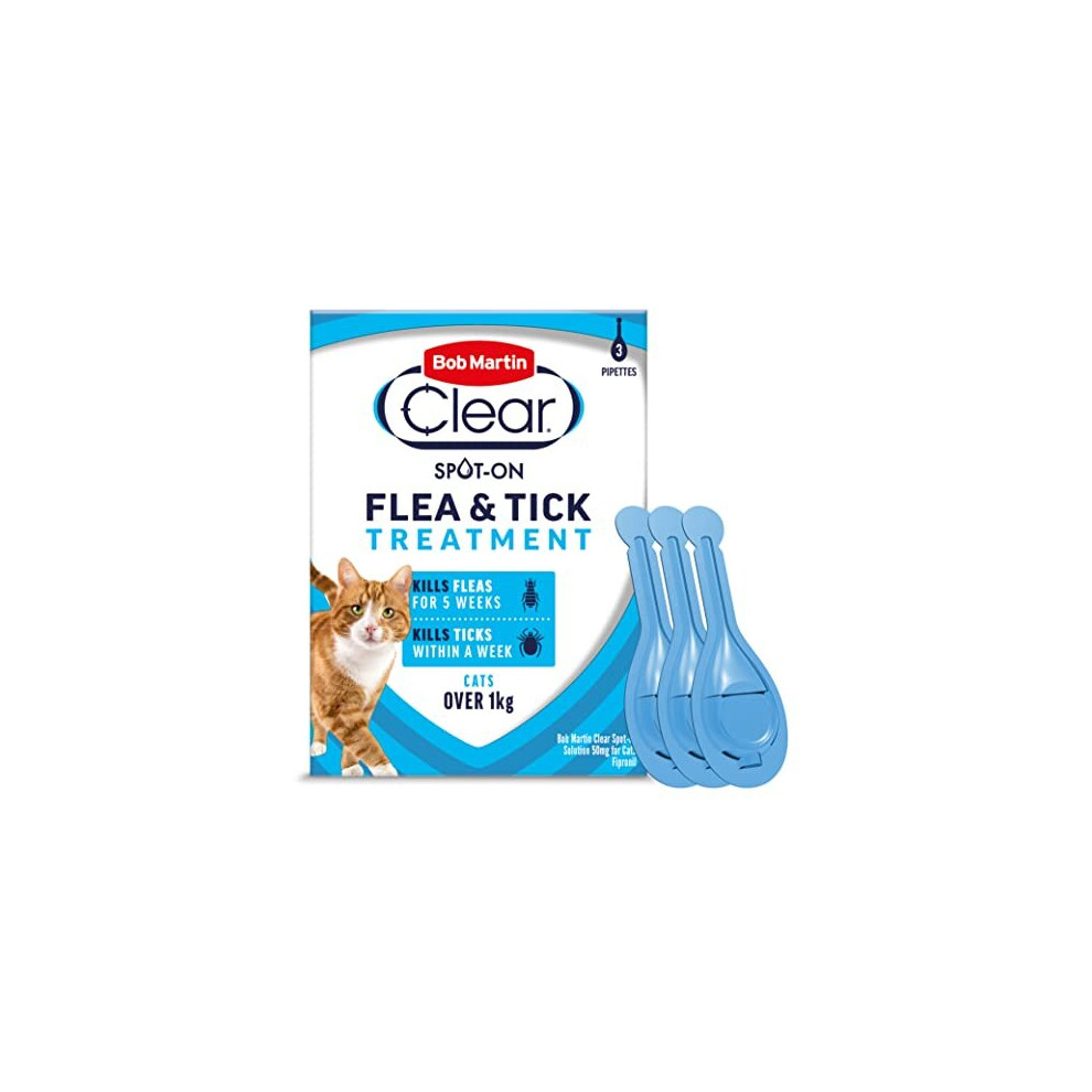 Bob Martin Clear | Spot On Flea Treatment for Cats & Ferrets | Kills Fleas & Ticks | Fast Control, 15 Week Protection | (3 Pipettes)