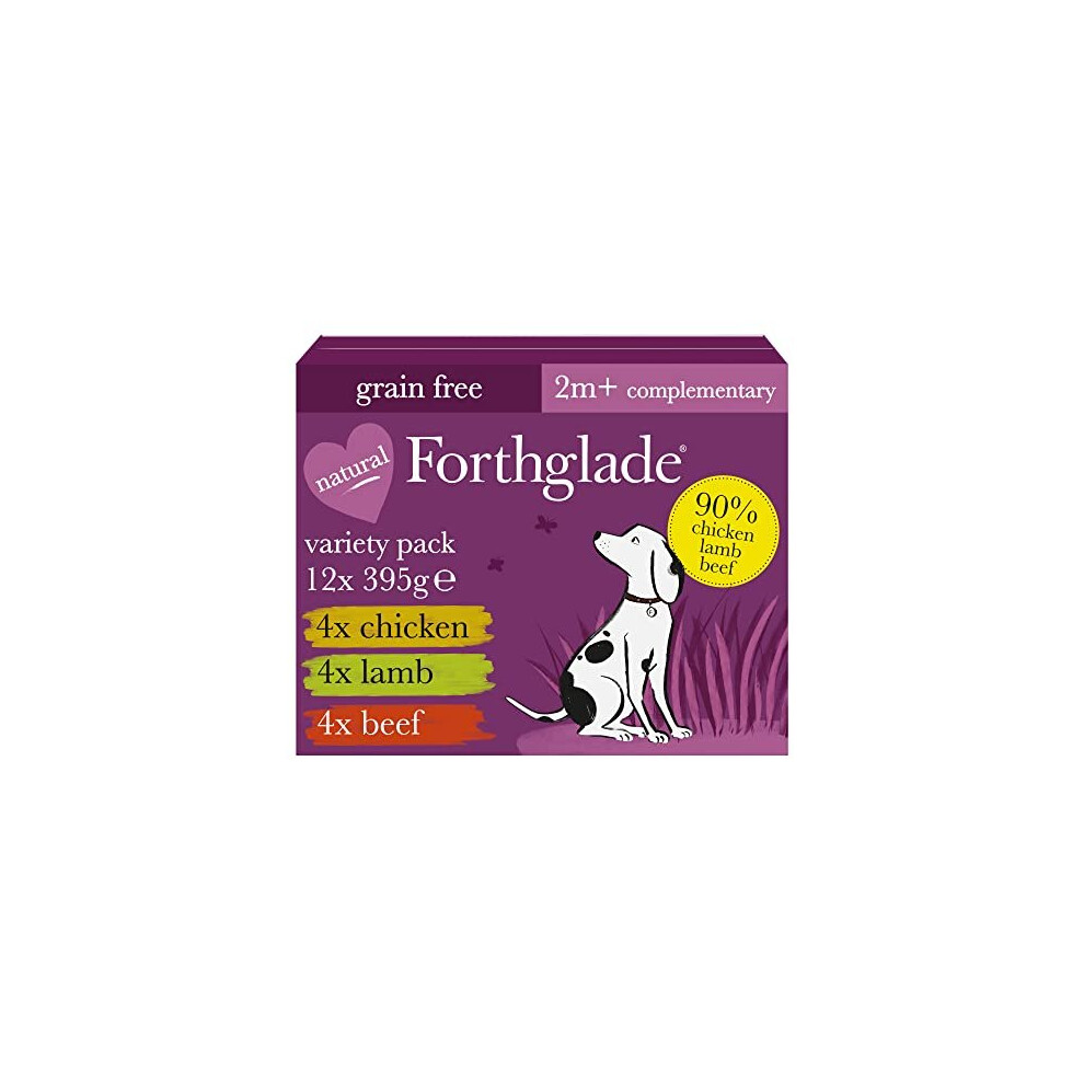 Forthglade Complementary Natural Wet Dog Food - Grain Free & Vegetables Just Variety Pack (12 x 395g) Trays - 90% Chicken, Lamb & Beef