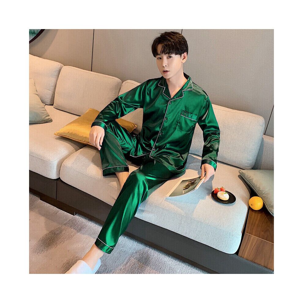 (Men Dark Green, L) Mens Silk Satin Pyjamas Set Nightwear Pyjama Top & Bottoms Loungewear Sleepwear