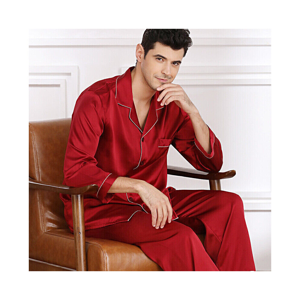 (Men Red, XL) Mens Silk Satin Pyjamas Set Nightwear Pyjama Top & Bottoms Loungewear Sleepwear