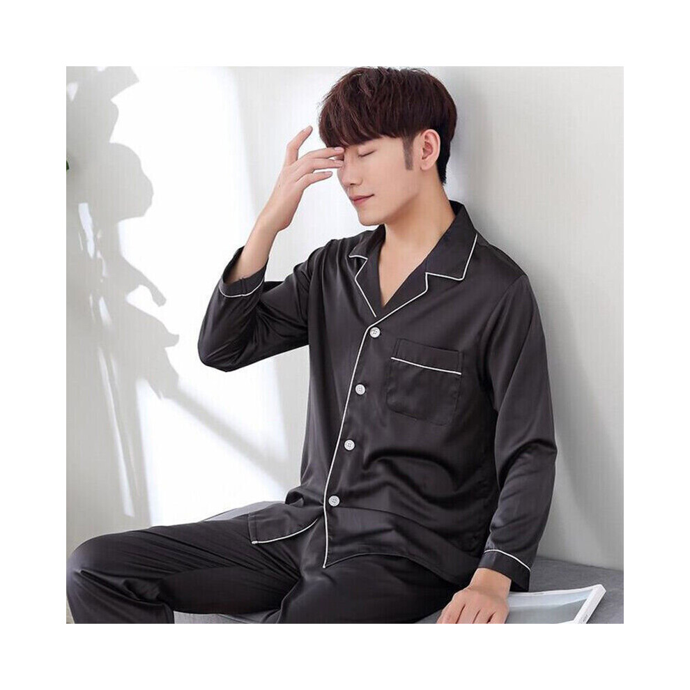 (Black Men, M) Mens Silk Satin Pyjamas Set Nightwear Pyjama Top & Bottoms Loungewear Sleepwear