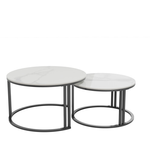 (White Sintered Stone-top) Set of 2 Modern Round Nesting Coffee Table 1