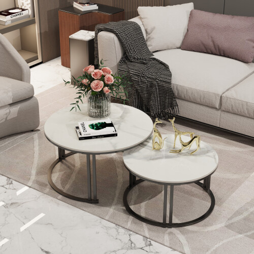 (White Sintered Stone-top) Set of 2 Modern Round Nesting Coffee Table 2