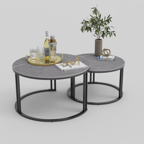 (Grey  Sintered Stone-top) Set of 2 Modern Round Nesting Coffee Table 1