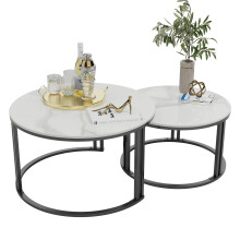 (White Sintered Stone-top) Set of 2 Modern Round Nesting Coffee Table