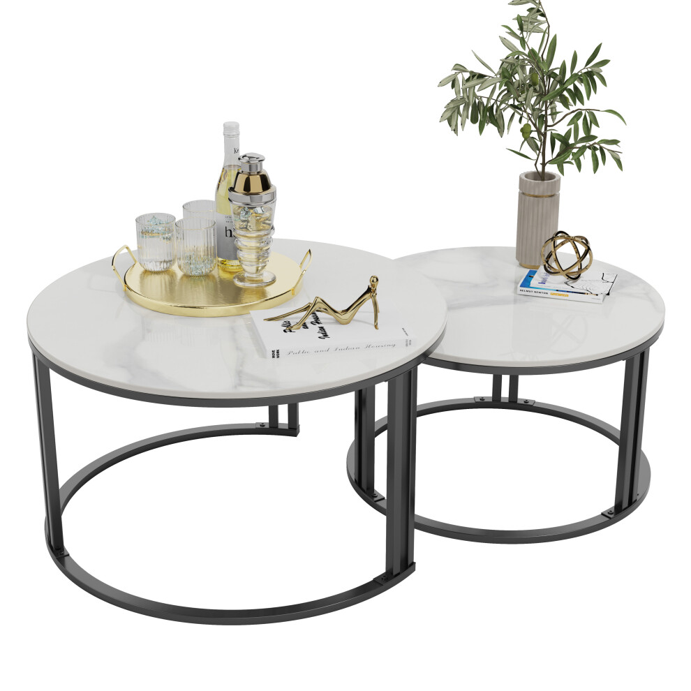 (White Sintered Stone-top) Set of 2 Modern Round Nesting Coffee Table