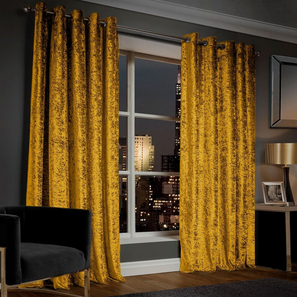 (90" x 90"_(228cm x 228cm), Ochre Yellow) Velvet Curtains Ring Top Eyelet Curtain Pair with Tiebacks