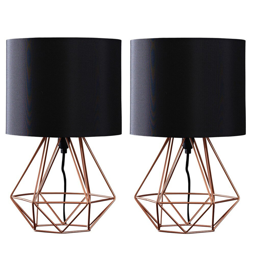 Pair Of Modern Copper Metal Basket Cage Table Lamps With Black Fabric Shades