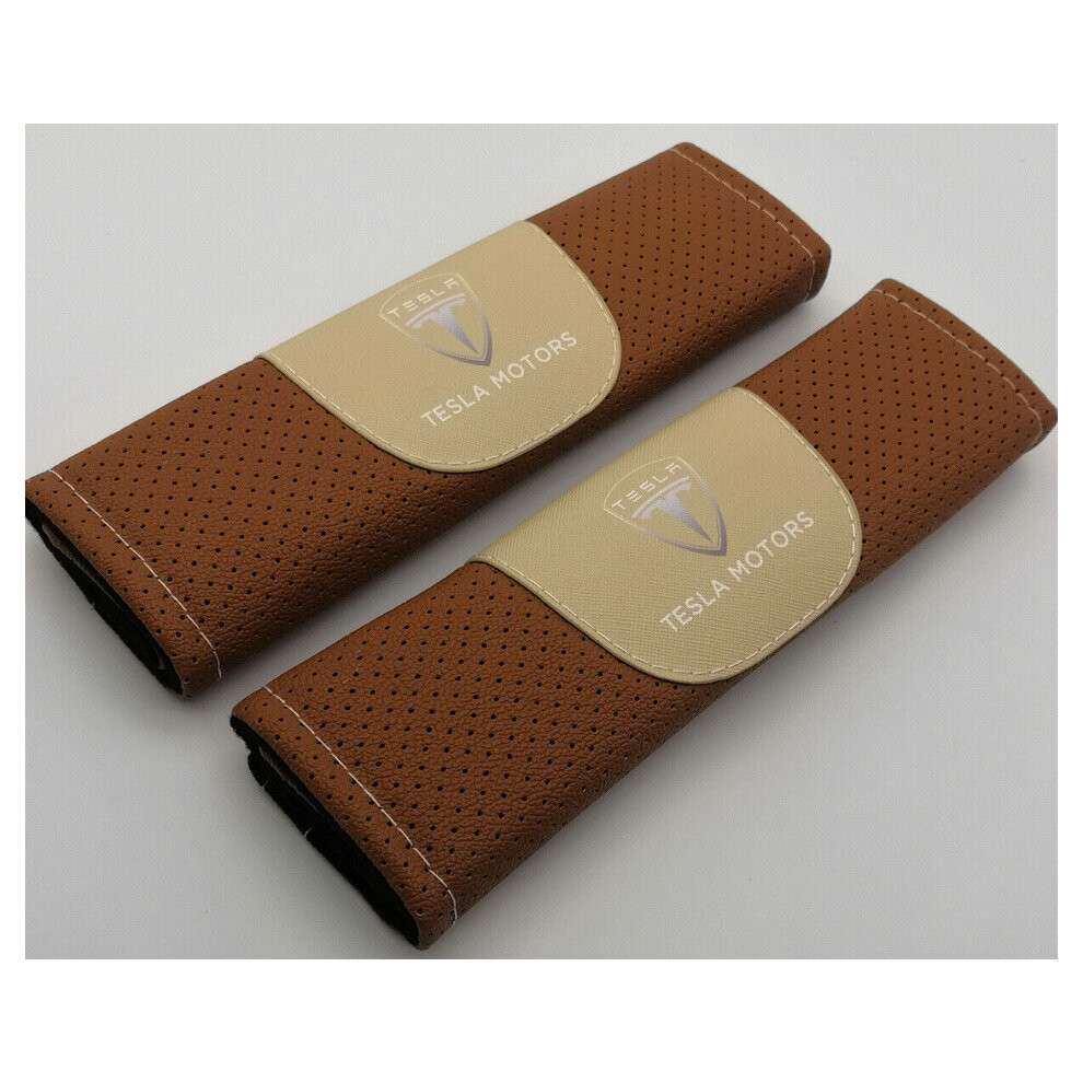 (Brown) 2Pcs Tesla Seat Belt Cover Shoulder Protector Pad Brown 4754135872044