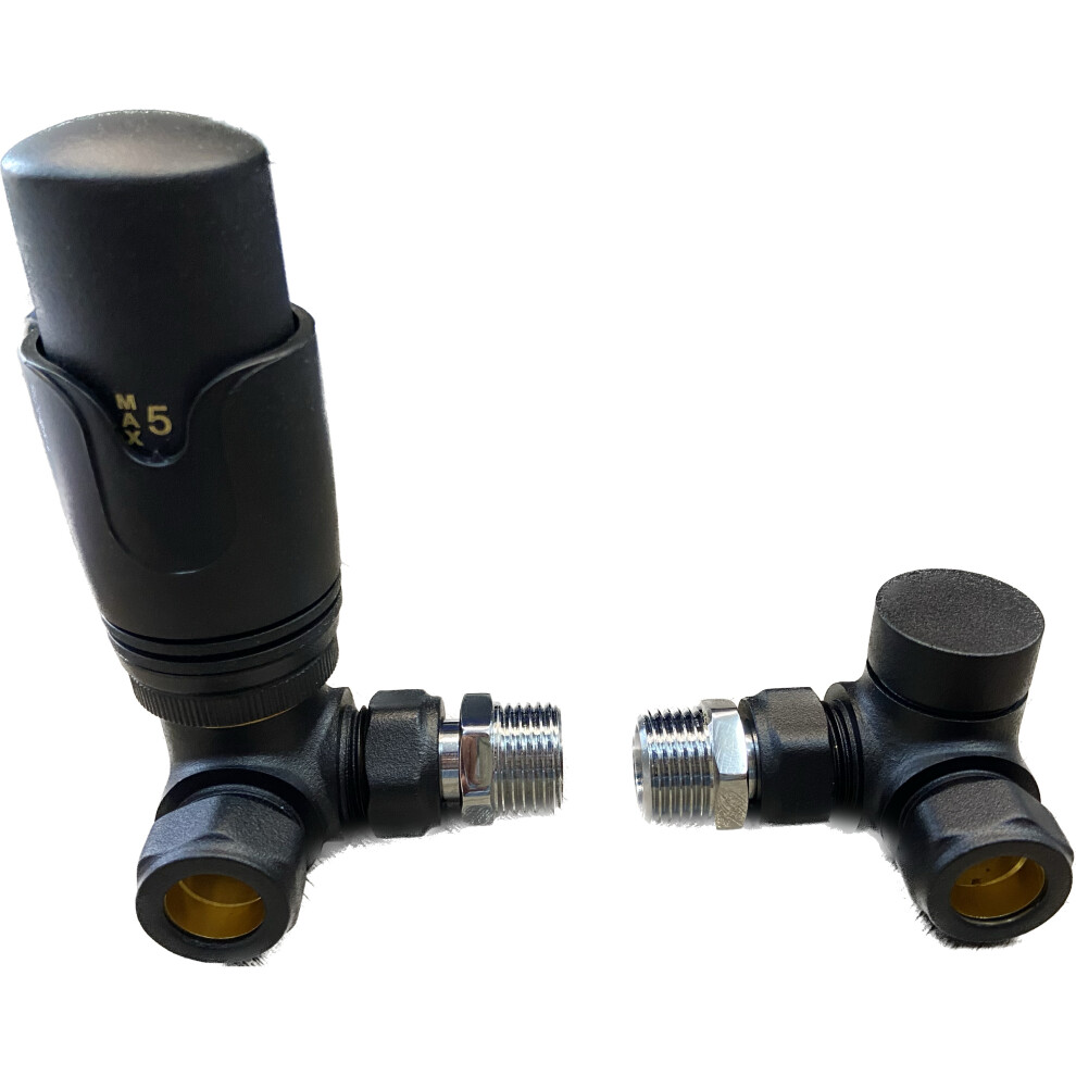 Matt Black Corner TRV Thermostatic Radiator Valves Angled Pair 15mm x 1/2" TCTRV