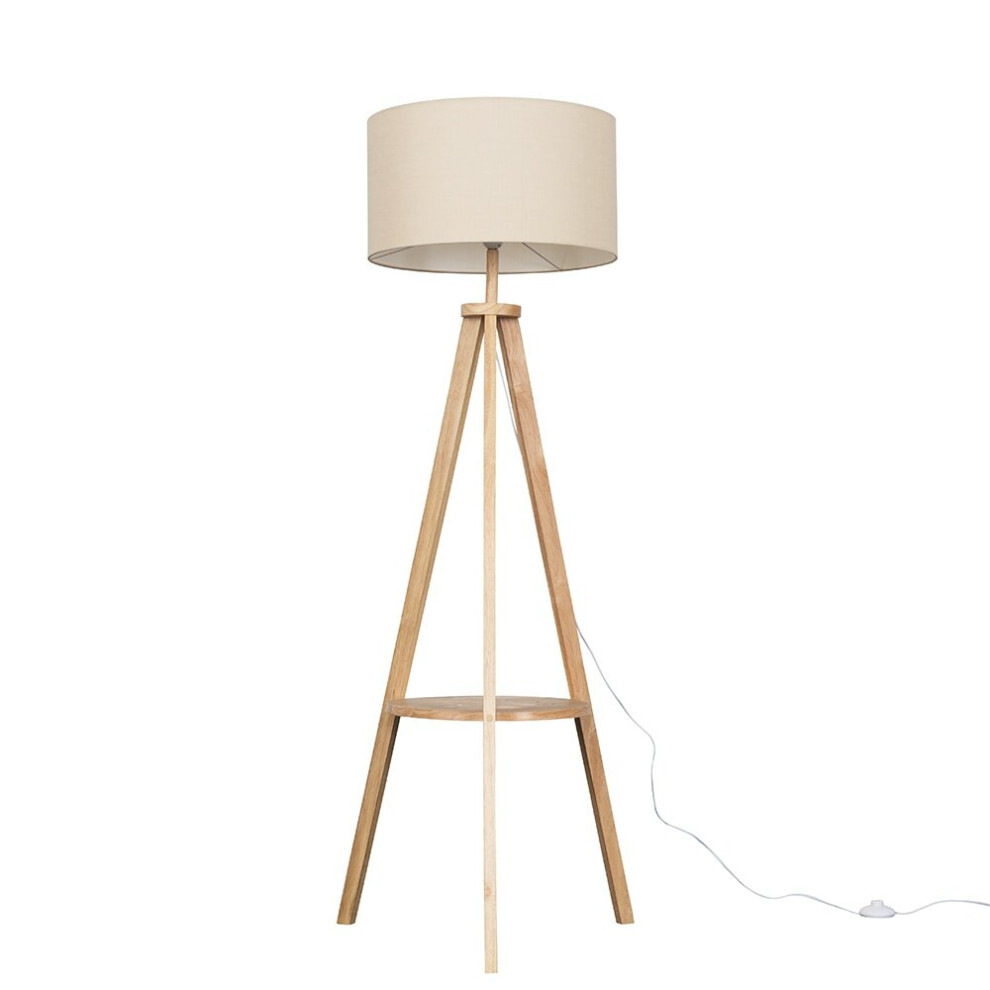 Morrigan Light Brown Wooden Tripod Floor Lamp With Beige Fabric Shade