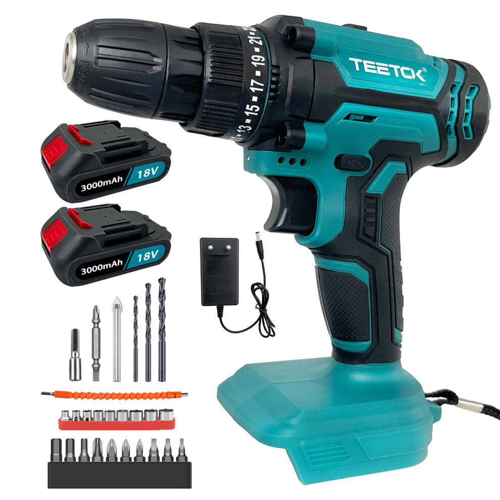 21V Cordless Drill Electric Screwdriver Impact Driver Combi Drills Kit+2x 3.0A Battery