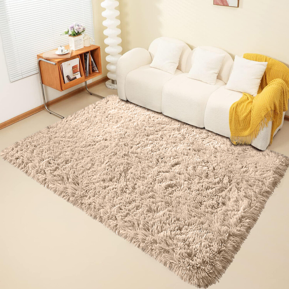 (120cm x 170cm OR 4ft x 5ft 6"- Small Area Rug, Beige- Area Rug) Large Fluffy Shaggy Rugs Non-Slip Living Room Rug