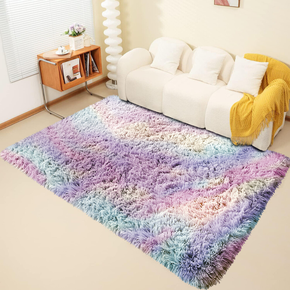 (200cm x 290cm OR 6ft 7" x 9ft 6"- Large Area Rug, Rainbow- Area Rug) Large Fluffy Shaggy Rugs Non-Slip Living Room Rug