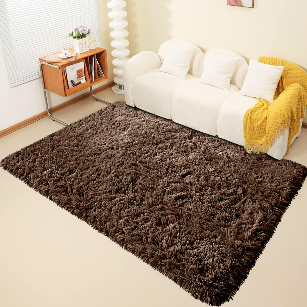 (200cm x 290cm OR 6ft 7" x 9ft 6"- Large Area Rug, Brown- Area Rug) Large Fluffy Shaggy Rugs Non-Slip Living Room Rug