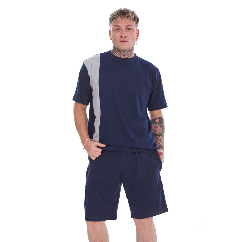 (Navy, XL) Malay Jersey Pyjama Set Short Round Neck Cotton Blend Loungewear T-Shirt Men Nightwear