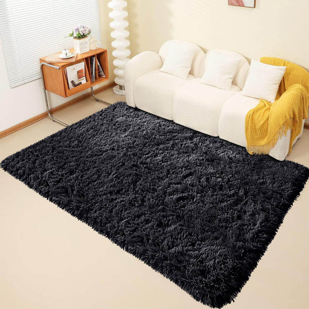 (200cm x 290cm OR 6ft 7" x 9ft 6"- Large Area Rug, Black- Area Rug) Large Fluffy Shaggy Rugs Non-Slip Living Room Rug