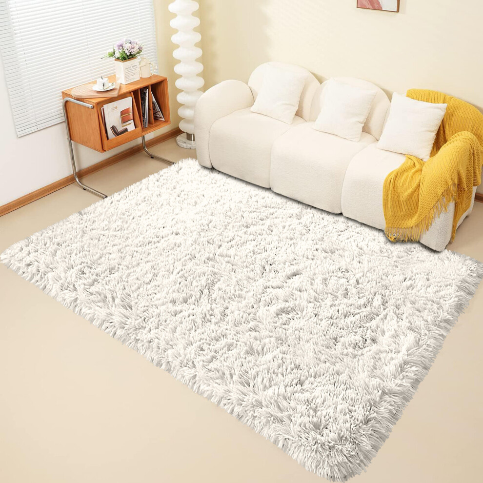 (160cm x 230cm OR 5ft 3" x 7ft 6"- Large Area Rug, Cream- Area Rug) Shaggy Large Rugs Anti-Slip Living Room Carpet Mat