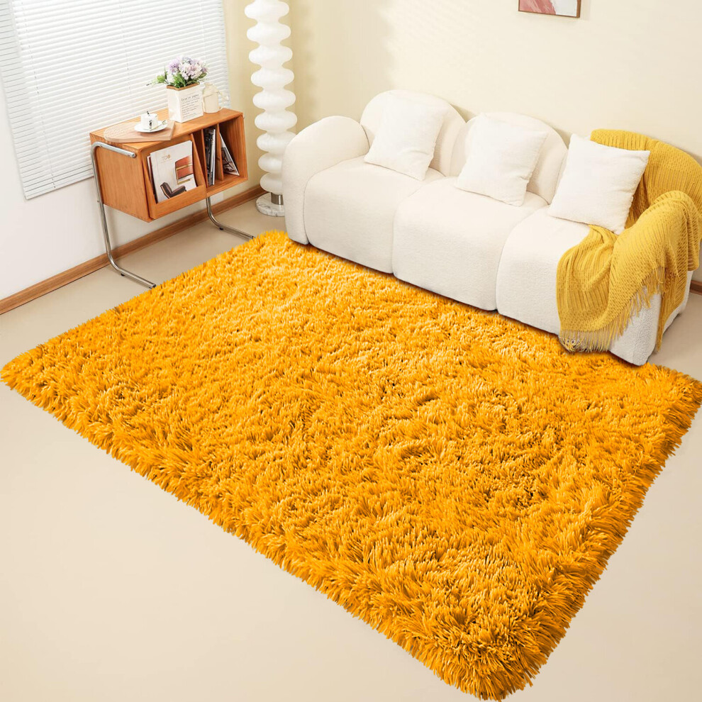 (160cm x 230cm OR 5ft 3" x 7ft 6"- Large Area Rug, Ochre/ Yellow- Area Rug) Large Fluffy Shaggy Rugs Non-Slip Living Room Rug